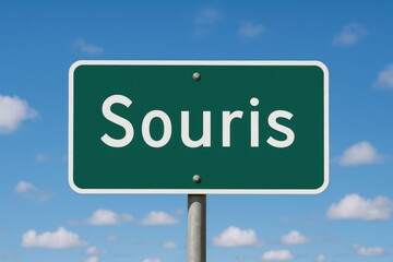 Green road sign displaying "Souris" under a clear blue sky with scattered clouds, indicating town entrance or travel route in PEI.