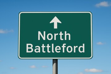Green road sign with an arrow pointing toward North Battleford, set against a bright blue sky, symbolizing direction or travel route.