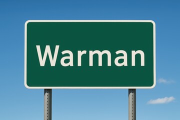 Green road sign displaying "Warman" under a bright blue sky, indicating city entrance, travel route, or Saskatchewan destination.