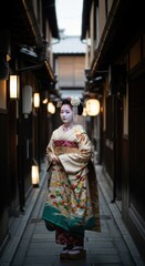 Fototapeta premium Young asian female in traditional kimono walking down narrow japanese alleyway at dusk