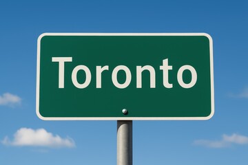 Green road sign displaying "Toronto" under a bright blue sky, indicating city entrance, travel route, or Ontario destination.