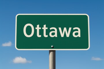Green road sign showing "Ottawa" beneath a bright blue sky, representing city entrance, travel direction, or Canadian capital location.