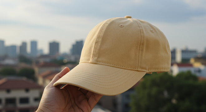 Mockup of man hand holding bright pastel yellow baseball cap against sky background