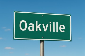 Green road sign displaying "Oakville" under a bright blue sky, indicating city entrance, travel direction, or Ontario destination.