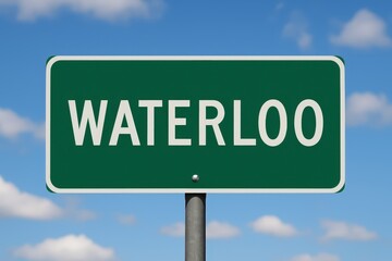 Green road sign showing "WATERLOO" under a bright blue sky with scattered clouds, indicating city entrance or travel direction.