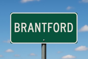 Green road sign displaying "Brantford" beneath a clear blue sky with scattered clouds, indicating city entrance or travel route.