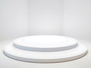 Two-tiered white circular podium in a minimalist white room setting, ideal for product display or presentation