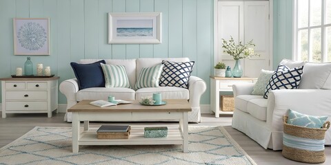 Coastal Living Room Decor Featuring White Sofa Blue Accents and Stylish Rug