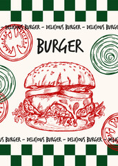 Burger poster design in retro style. Outline sketch illustration with typography text. Hamburger, burger drawing, fast food hand-drawn vector clipart isolated