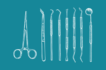 Dental tools sketch drawing collection. Dentist hygiene instrument, oral healthcare. Hand drawn sketch vector illustration isolated