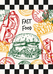 Fast food poster design with outline vector sketch illustrations and typography text. Hot dog, burger, french fries in engraving style, hand drawn clipart isolated