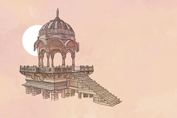 Ancient temple at Gadi Sagar (Gadisar) lake Jaisalmer Rajasthan, India at dawn.