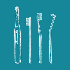 Set of hand drawn illustration of toothbrushes. In-home oral care, dental instruments, and personal health care. Minimalist doodle drawing in sketch style isolated