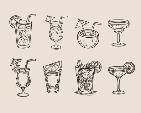 Cocktails Line art alcoholic martini, aperol spritz in ink doodle style. Hand drawn collection of drink. Italian style wedding dinner icons. Tropical drinks
