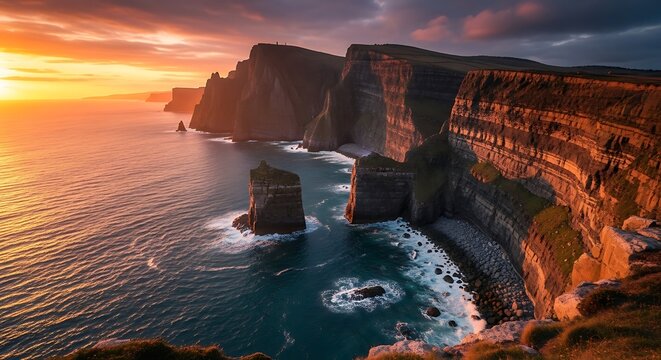 Dramatic sunset over rugged cliffs and ocean stacks in ireland