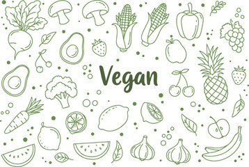 Hand drawn vegan food illustration, fresh fruits and vegetables sketch, healthy plant based diet, organic produce, natural food vector