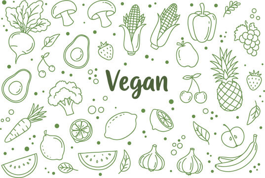 Hand drawn vegan food illustration, fresh fruits and vegetables sketch, healthy plant based diet, organic produce, natural food vector - Powered by Adobe