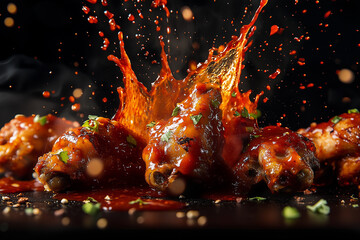 Splashing hot sauce over chicken wings on a black background,