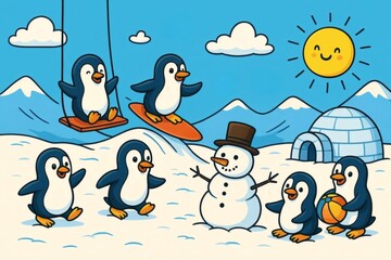 Fototapeta premium Funny Penguins Playing on the Ice Background