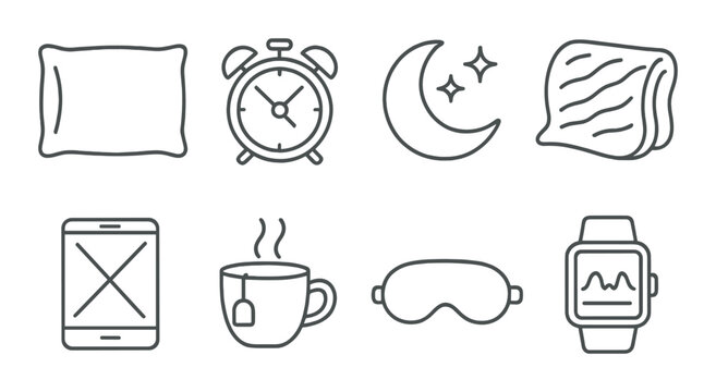 Sleep hygiene icons set – line, bedtime and rest symbols for wellness and relaxation