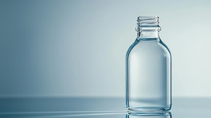 A clear glass bottle with a screw-on cap, standing upright on a reflective surface with a gradient blue background.