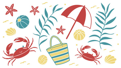 Summer beach illustration with crabs, beach balls, and striped tote bag