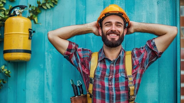 A smiling man in a hard hat and safety harness, standing in front of a blue wooden fence with a yellow fire extinguisher, holding a tool belt
