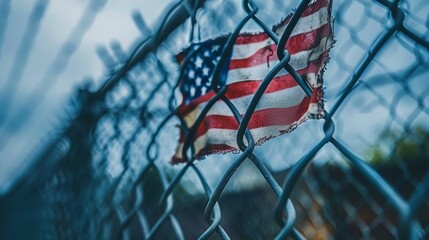 A small American flag caught in a closed metal fence under a cloudy sky