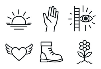 Hope and positivity icons set – line style, uplifting and inspirational symbols