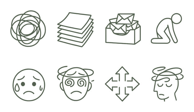 Overwhelmed and chaos icons set &ndash; linear, stress and confusion symbols