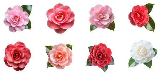 Collection of camellia blossom, opening to reveal its beauty. full length isolate on transparent background