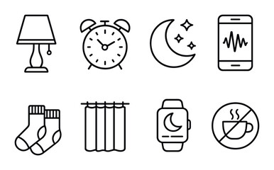 Sleep essentials icons set - outline, nighttime rest and relaxation symbols