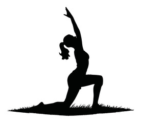 Fototapeta premium Elegant Silhouette of a Woman Practicing Yoga on Grass at Sunset