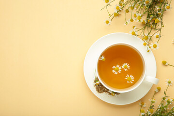 Aromatic herbal tea in white cup and chamomiles on beige background. Space for text