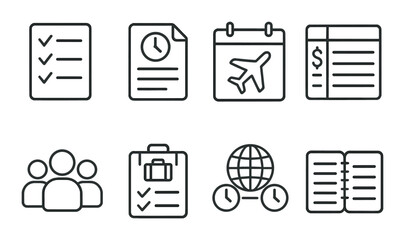 Trip planning icons set – outline, travel itinerary and tourism management symbols