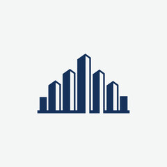 Minimalist city skyline logo with dark blue geometric skyscrapers. Clean, modern, and symmetrical design ideal for urban branding, architecture, or real estate identity.
