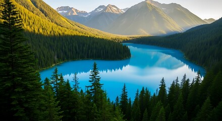 Serene turquoise lake surrounded by majestic mountains and evergreen forest
