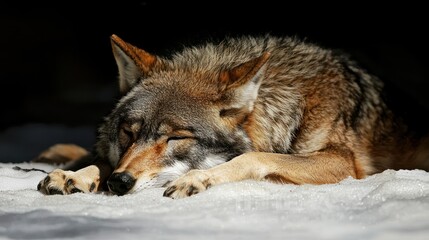 Fototapeta premium A wolf sleeping on a snowy surface, with a blanket and a paw visible.