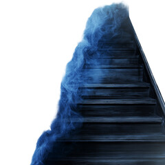 Blue Smoke Ghost Ascending Dark Wooden Stairs on white background,png