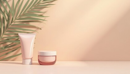 Elegant skincare presentation featuring a tube and jar against a pastel backdrop with palm leaf.