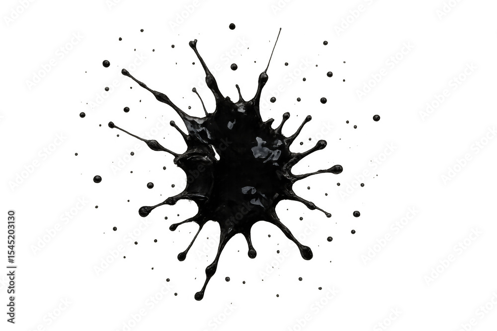Poster black liquid dynamically splashing, forming mesmerizing droplets and energetic patterns against tran