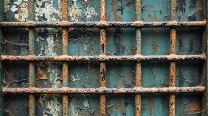 A weathered, blue-painted metal grate with rusted bars, set against a green background, with a blue sky visible in the background.