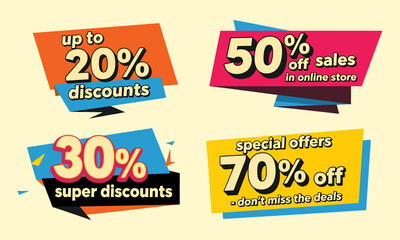 Four colorful and dynamic banners for sales and various discount offers. Ideal for e-commerce, digital ads, social media, and print, to powerfully promote sales with a modern aesthetic.