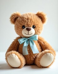 Isolated Teddy Bear Plush Toy Wearing Blue Ribbon on White Background