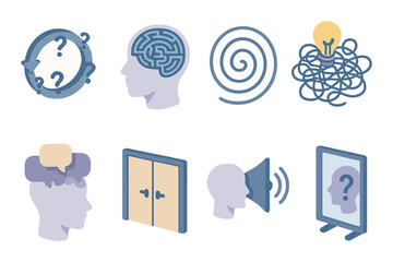 Mind maze icons set – linear, puzzle and brain teaser symbols for creative design