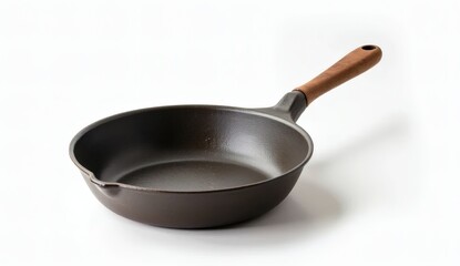 Cast Iron Frying Pan with Wooden Handle on White Background