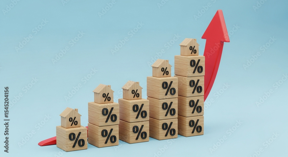 Poster stacked percentage blocks with houses on top and a rising red arrow on a light blue background