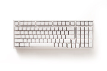 Modern white mechanical keyboard on white background. Custom build. Top view.