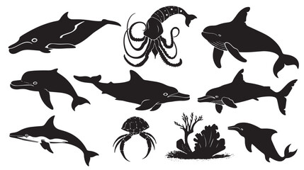 Sea life vector silhouette illustration set 