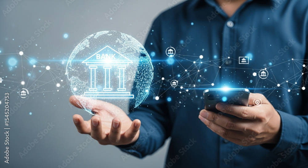 Poster man holding phone with bank icon globe overlay and network connections in a blue button down shirt